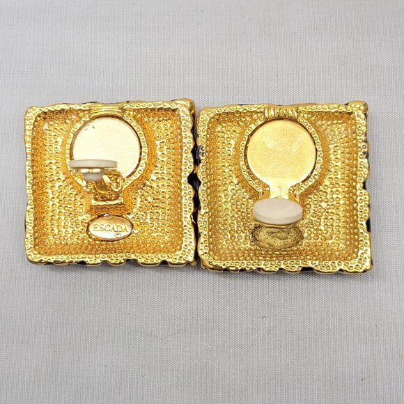 Vintage Signed Escada Square Goldtone & Blue Enamel Clip Earrings - Picture 11 of 11